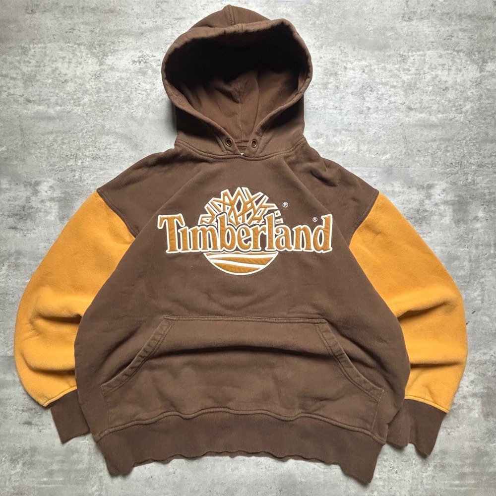 Timberland Hoodie Large Brown Yellow Colorblock Y2K Embroidered Logo Pullover
